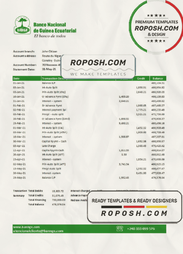 Equatorial Guinea The National Bank of Equatorial Guinea bank statement template in Word and PDF format