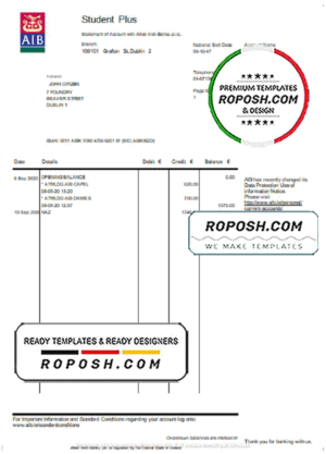 Ireland AIB bank statement template in Word and PDF format