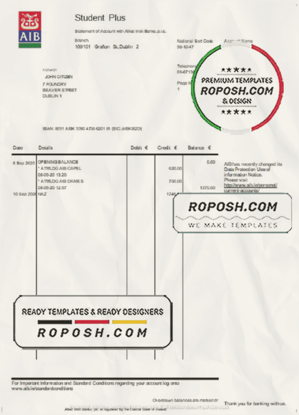 Ireland AIB bank statement template in Word and PDF format