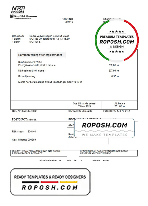 Sweden NVSH Energi utility bill template in Word and PDF format