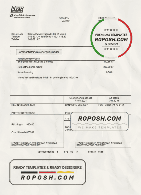Sweden NVSH Energi utility bill template in Word and PDF format