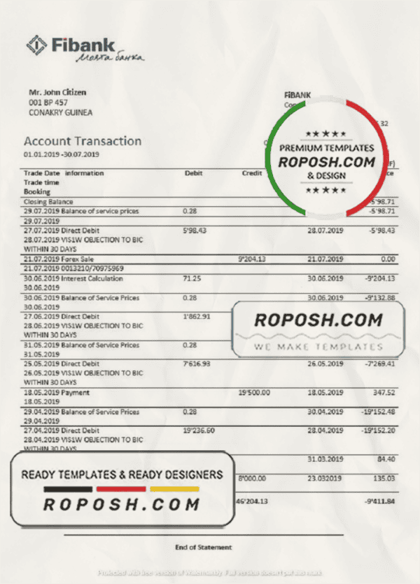 Guinea Fibank proof of address bank statement template in Word and PDF format