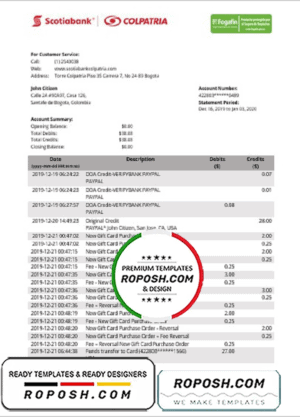 Colombia Scotiabank Colpatria bank proof of address statement template in Word and PDF format (.doc and .pdf)