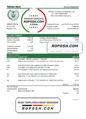 Iraq Rafidain Bank statement template in .xls and .pdf file format