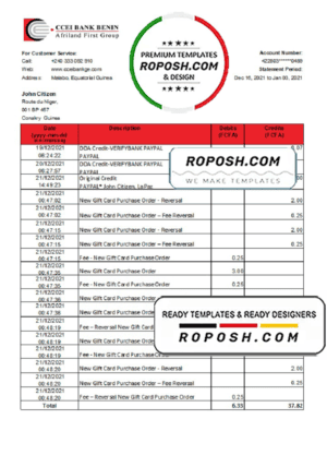 Equatorial Guinea CCEI Bank Benin bank statement easy to fill template in .xls and .pdf file format