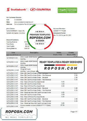 Colombia Scotiabank Colpatria bank proof of address statement template in Excel and PDF format (.xls and .pdf)