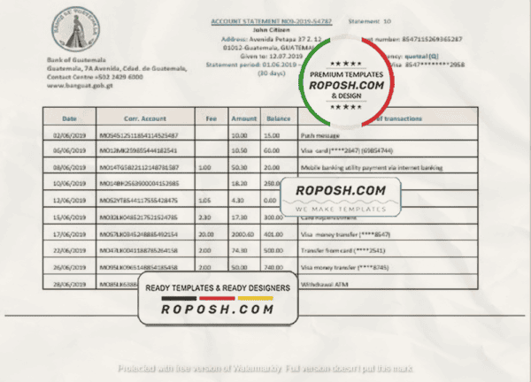 Guatemala Banco de Guatemala bank statement template, Word and PDF format (.doc and .pdf)