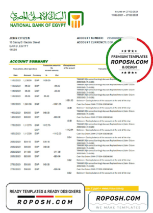 Egypt National Bank of Egypt bank statement easy to fill template in Excel and PDF format
