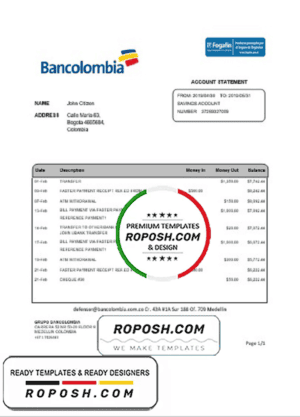 Colombia Bancolombia bank statement easy to fill template in Word and PDF format
