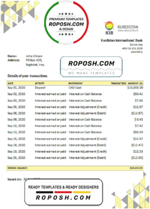 Iraq Kurdistan International Bank proof of address statement template in Excel and PDF format