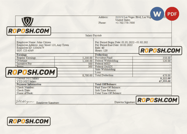 USA Wynn Resorts hospitality company pay stub Word and PDF template