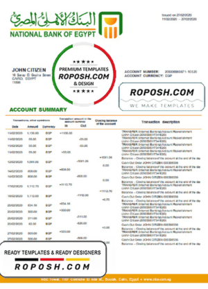 Egypt National Bank of Egypt proof of address bank statement template in Word and PDF format (.doc and .pdf)