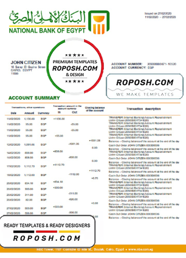 Egypt National Bank of Egypt proof of address bank statement template in Word and PDF format (.doc and .pdf)