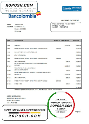 Colombia Bancolombia bank statement easy to fill template in Excel and PDF format