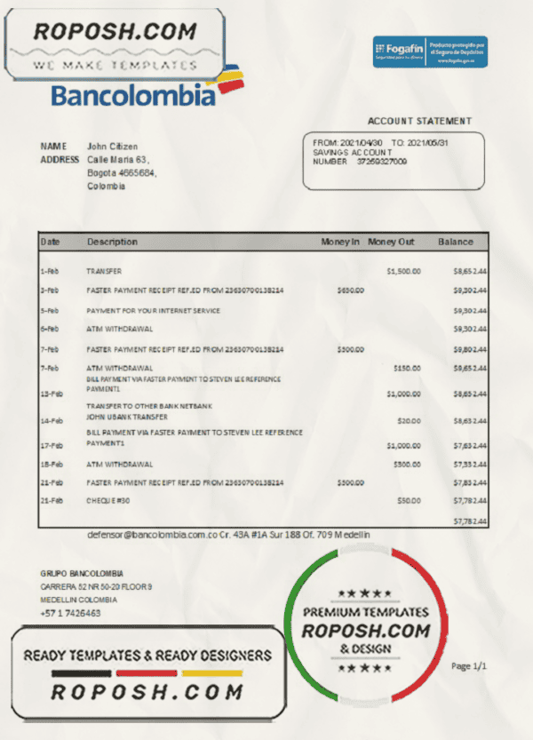 Colombia Bancolombia bank statement easy to fill template in Excel and PDF format