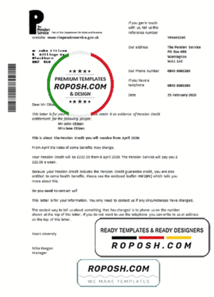 United Kingdom The Pension Service bank proof of address statement template in Word and PDF format