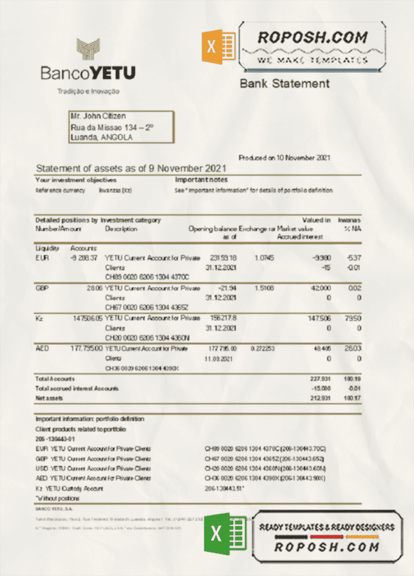 Angola Banco Yetu bank statement template in Excel and PDF format