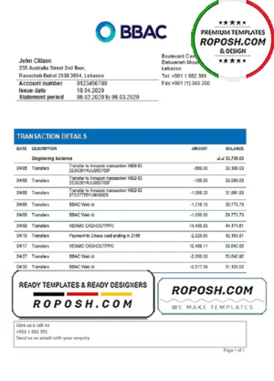 Lebanon BBAC Bank proof of address statement template in Word and PDF format