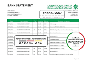 Kuwait Commercial Bank statement easy to fill template in Word and PDF format
