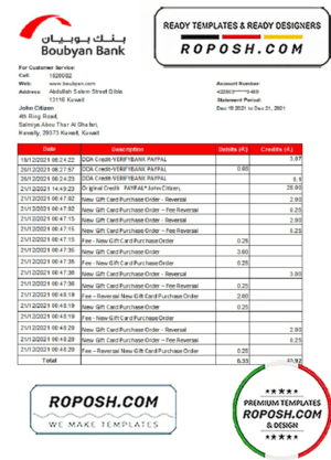 Kuwait Boubyan bank statement easy to fill template in .xls and .pdf file format