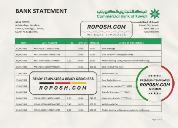 Kuwait Commercial Bank statement easy to fill template in Word and PDF format