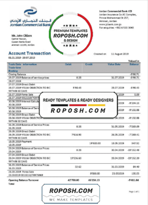 Jordan Commercial Bank statement easy to fill template in Word and PDF format