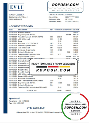 Finland Evli Bank PLC bank statement easy to fill template in Excel and PDF format
