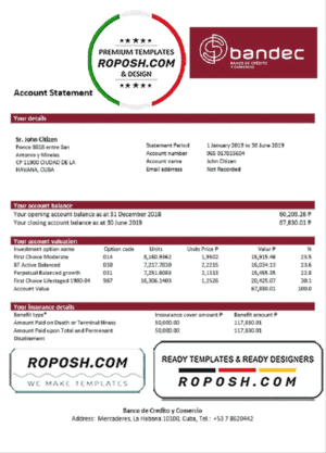 Cuba Bandec Banco de Credito y Comercio bank statement template in Word and PDF format, good for address prove