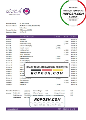 Iran Zamin Bank statement template in Excel and PDF format