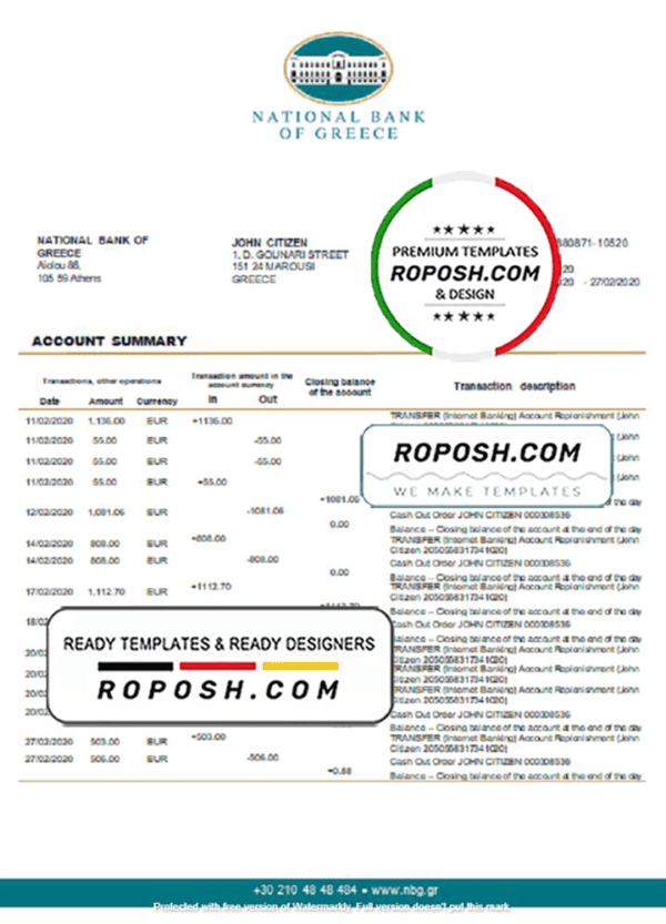 Greece National Bank of Greece proof of address bank statement template in Word and PDF format, .doc and .pdf format