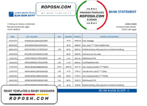 Egypt Blom Bank of Egypt bank statement easy to fill template in Excel and PDF format