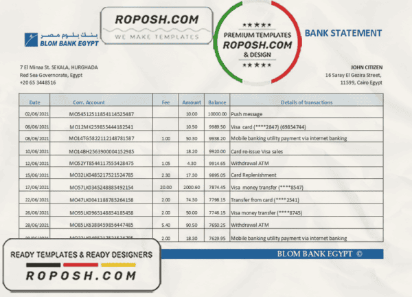 Egypt Blom Bank of Egypt bank statement easy to fill template in Excel and PDF format