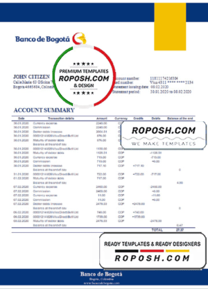 Colombia Banco de Bogotá bank statement template in Word and PDF format