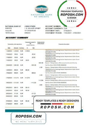 Greece National Bank of Greece bank statement template in .xls and .pdf file format