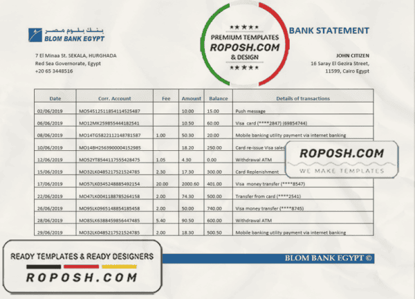 Egypt Blom Bank of Egypt proof of address statement template in Word and PDF format (.doc and .pdf)