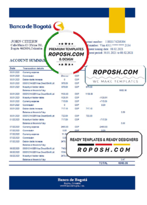 Colombia Banco de Bogotá bank statement easy to fill template in Excel and PDF format