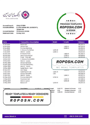 Iran Zamin Bank statement template in Word and PDF format