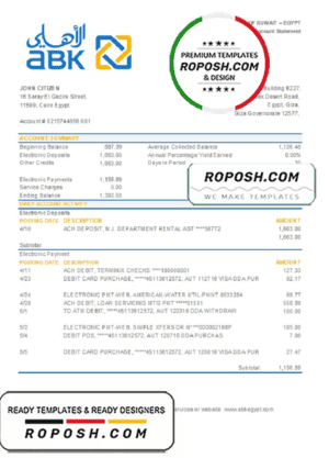 Egypt Al Ahli Bank of Kuwait bank statement easy to fill template in Excel and PDF format