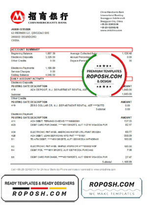 China Merchants bank proof of address statement template in Word and PDF format
