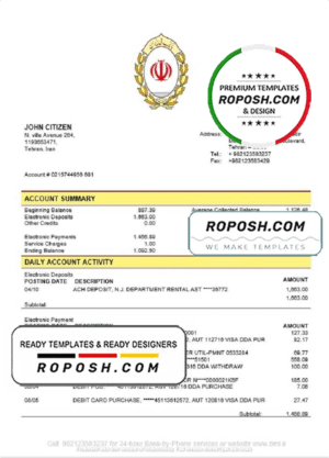 Iran Melli Bank statement template in Word and PDF format, good for address prove