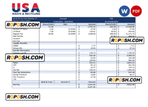 USA Waste & Recycling recycling company pay stub Word and PDF template