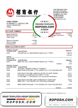 China Merchants bank proof of address statement template in Word and PDF format