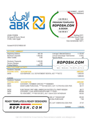Egypt Al Ahli Bank of Kuwait bank statement easy to fill template in Word and PDF format