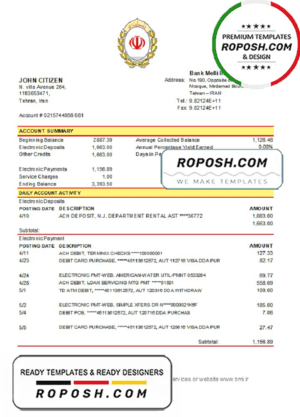 Iran Melli Bank statement template in .xls and .pdf file format