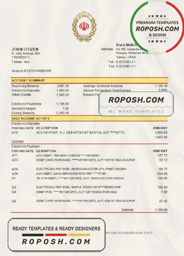 Iran Melli Bank statement template in .xls and .pdf file format