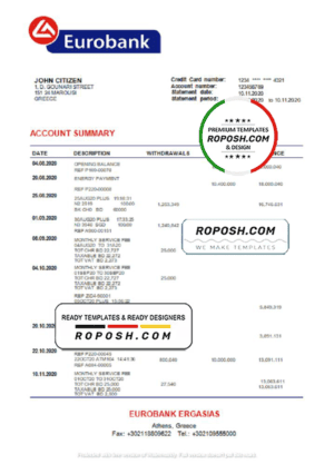 Greece Eurobank Ergasias proof of address bank statement template in Word and PDF format, .doc and .pdf format