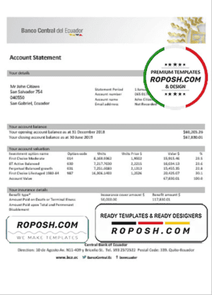Ecuador Central Bank of Ecuador proof of address bank statement template in Word and PDF format