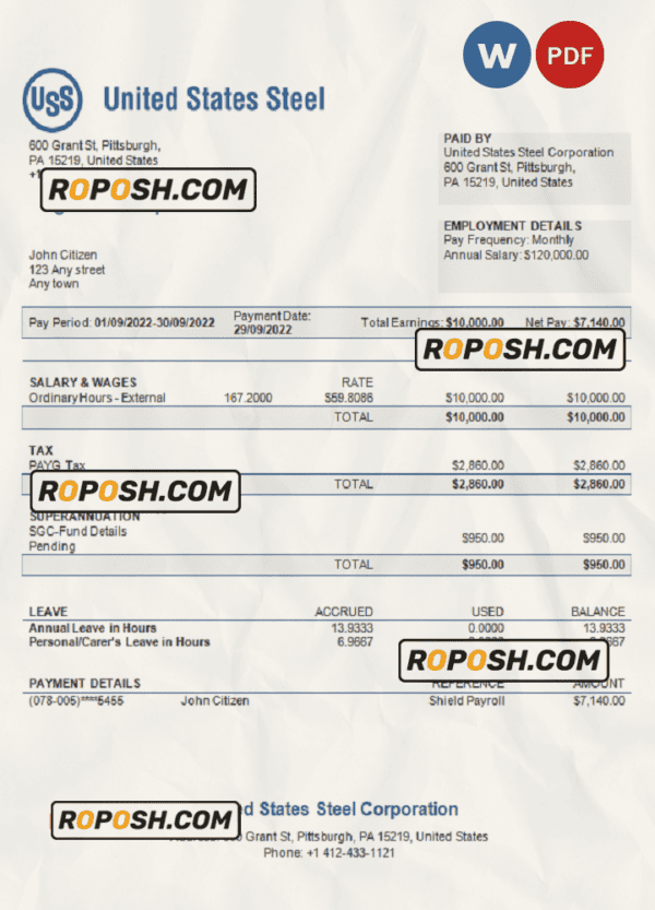 USA United States Steel Corporation steel production company pay stub Word and PDF template