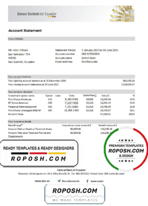 Ecuador Central Bank of Ecuador bank statement easy to fill template in Excel and PDF format
