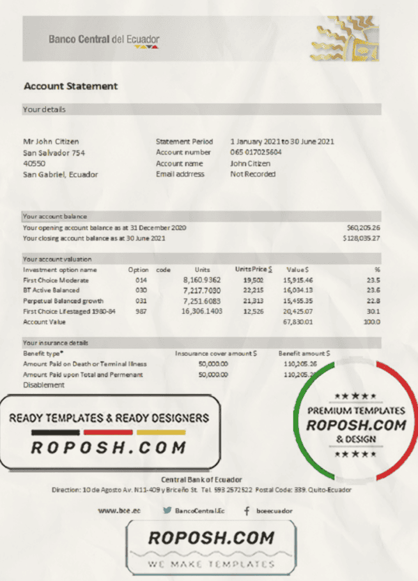 Ecuador Central Bank of Ecuador bank statement easy to fill template in Excel and PDF format